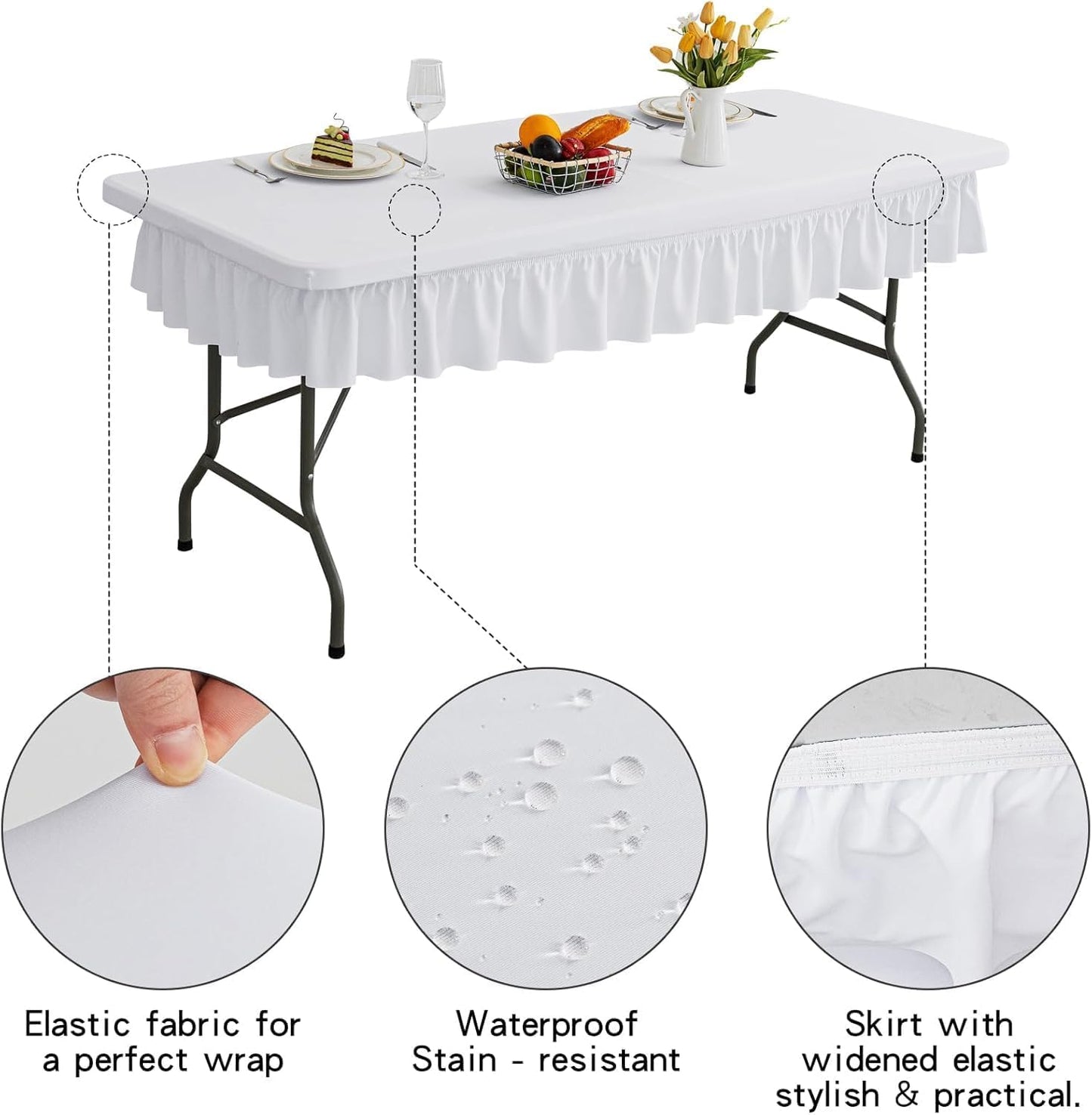 6ft White Stretch Tablecloth for Rectangular Tables - Flared Wrap Design, Waterproof, Wrinkle-Resistant, Washable - Ideal for Weddings, Parties, Banquets & Table Protection