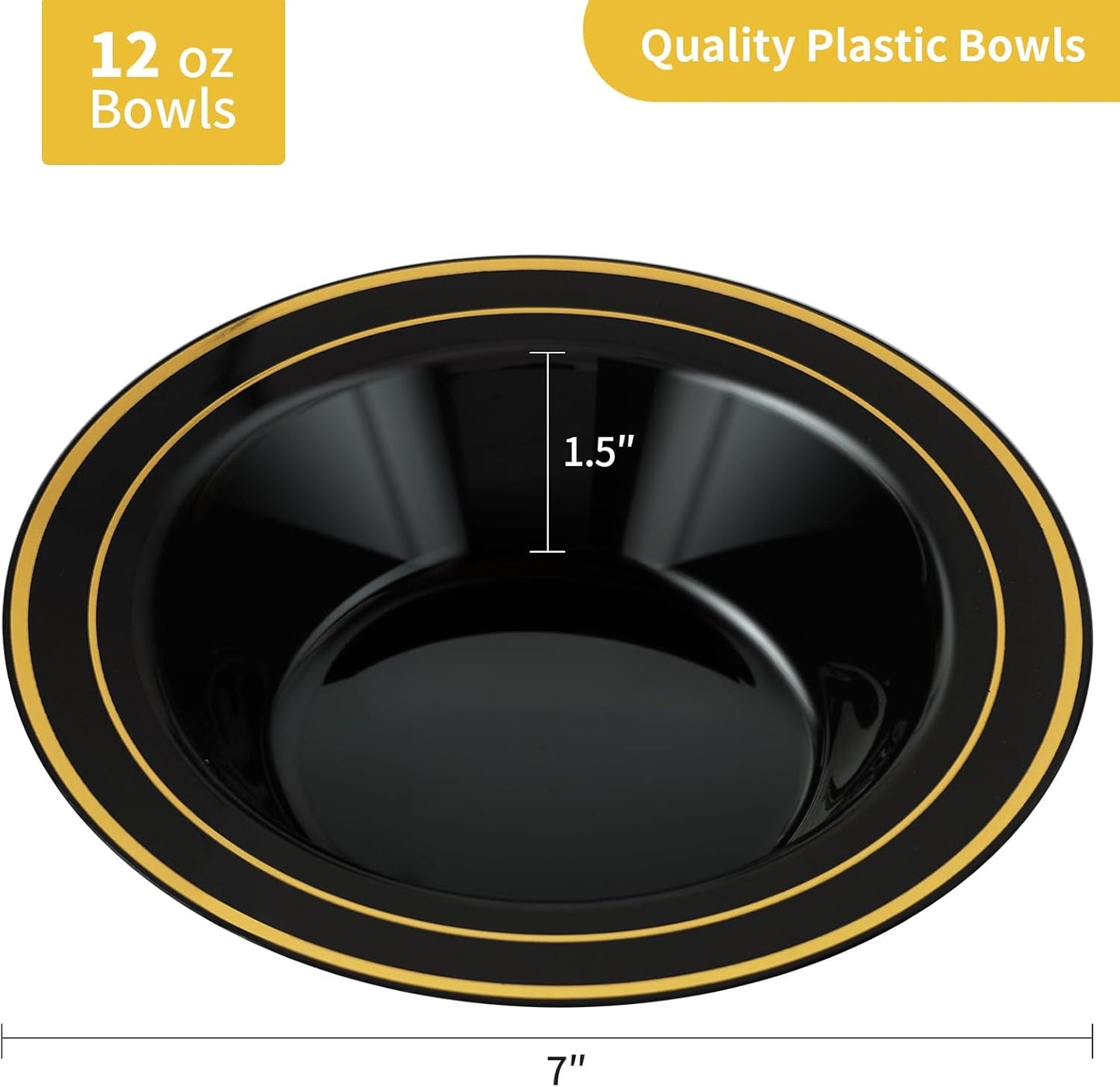 Goodluck 100 Pack Black Plastic Bowls with Gold Rim, 12oz Disposable Soup Bowls, Heavy Duty Dessert Bowls for Weddings, Parties, Dinners, Catering, and New Year