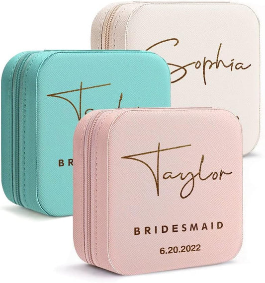 DayOfShe Bridesmaid Proposal Gifts Personalized Bridesmaid Jewelry Box Leather Small Travel Jewelry Organizer Ring Case for Wedding Maid of Honor Gifts