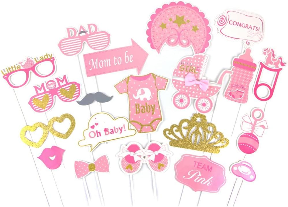 SUNBEAUTY 20 Pcs Girl Baby Shower Photo Booth Props Pink and Gold Lovely Photobooth Props with Sticks for Baby Shower Accessories Newborn Girl Gift Party Supplies