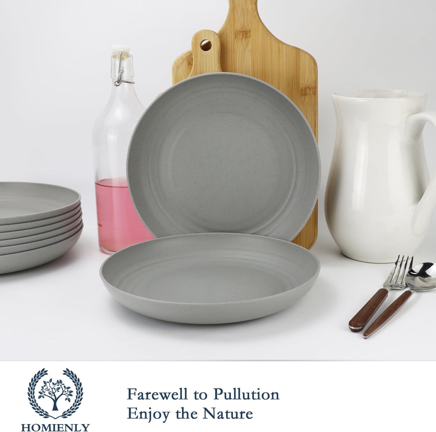 Homienly Dinner Plates Set of 8 Premium Wheat Straw Plate Alternative for Plastic Plates Lightweight Round Plate Set Microwave and Dishwasher Safe Plates for Kitchen Unbreakable (Grey, 10 inch)