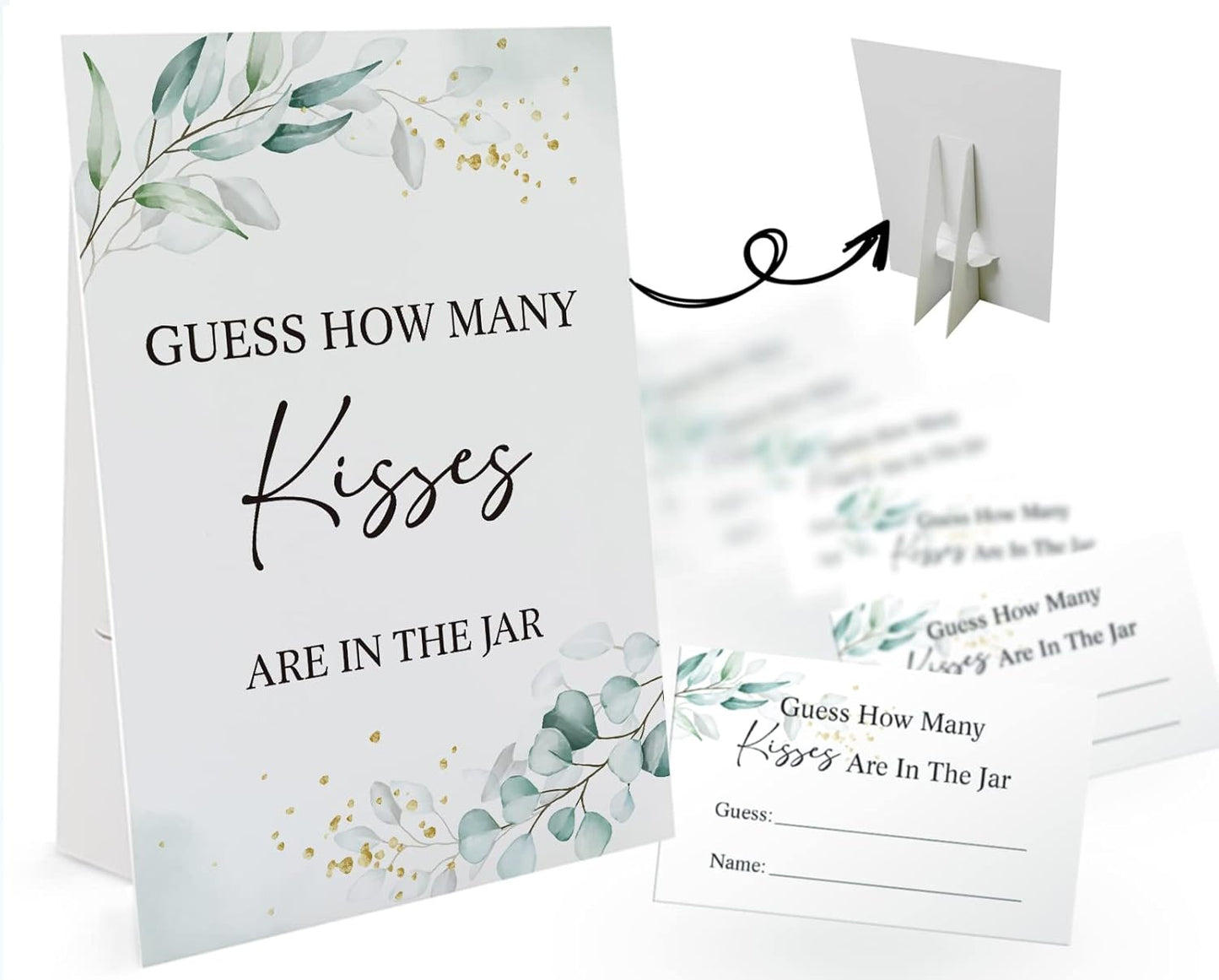 How Many Kisses Are in the Jar Game-1 Standing Sign and 50 Guessing Cards, Greenery Bridal Shower Games, Baby Shower Sign, for Boys Girls Baby Shower Favors and Weddings Party Decoration-03