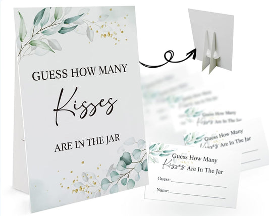 How Many Kisses Are in the Jar Game-1 Standing Sign and 50 Guessing Cards, Greenery Bridal Shower Games, Baby Shower Sign, for Boys Girls Baby Shower Favors and Weddings Party Decoration-03