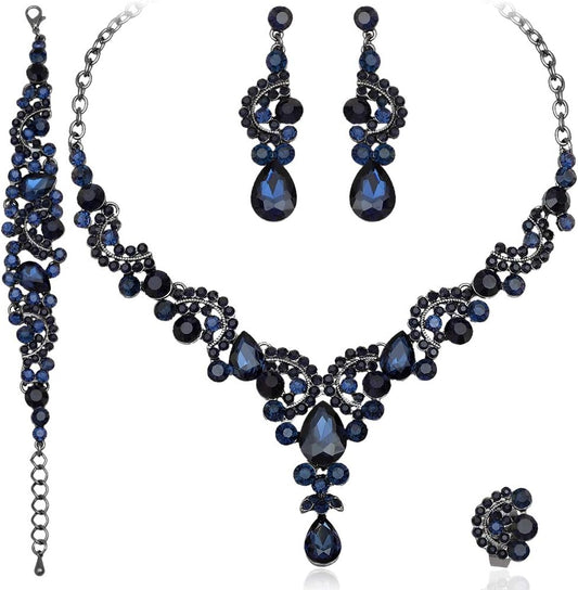 CSY Elegant Crystal Necklace Earrings Bracelet Ring Bridal Wedding Party Costume Jewelry Sets for Brides Women