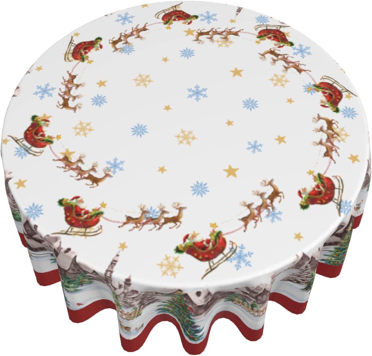 Giwawa 60in Christmas Round Tablecloth Santa Claus Sleigh Reindeer Table Cover Xmas Tree Winter Snowflakes Stain Resistant Waterproof Table Cloth for Kitchen Dining Holiday Indoor Outdoor Decor