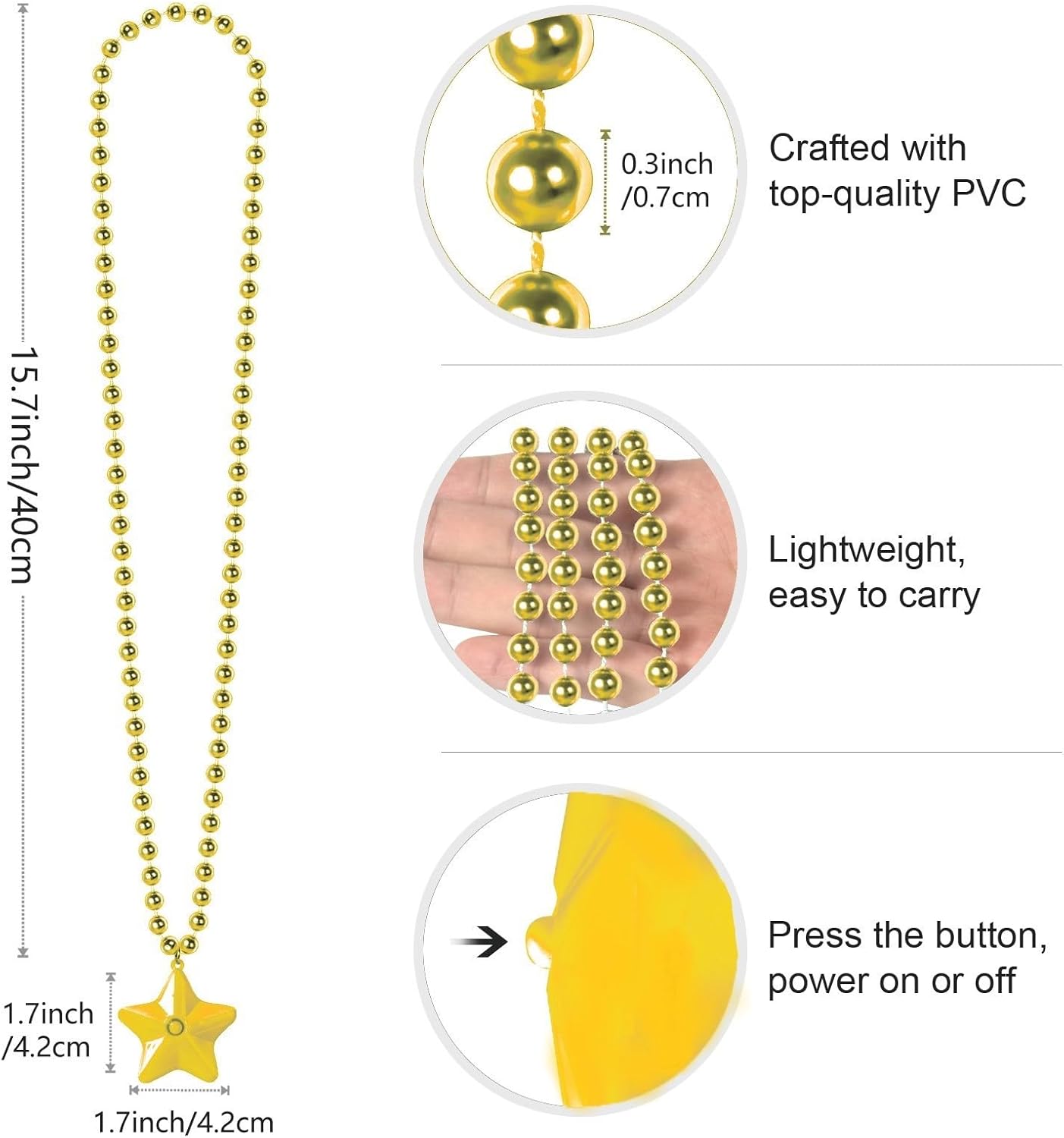 6 Pack Yellow LED Glow Star Necklace Bulk Beaded Necklaces for Halloween Christmas Decorations Mardi Gras Party Favors