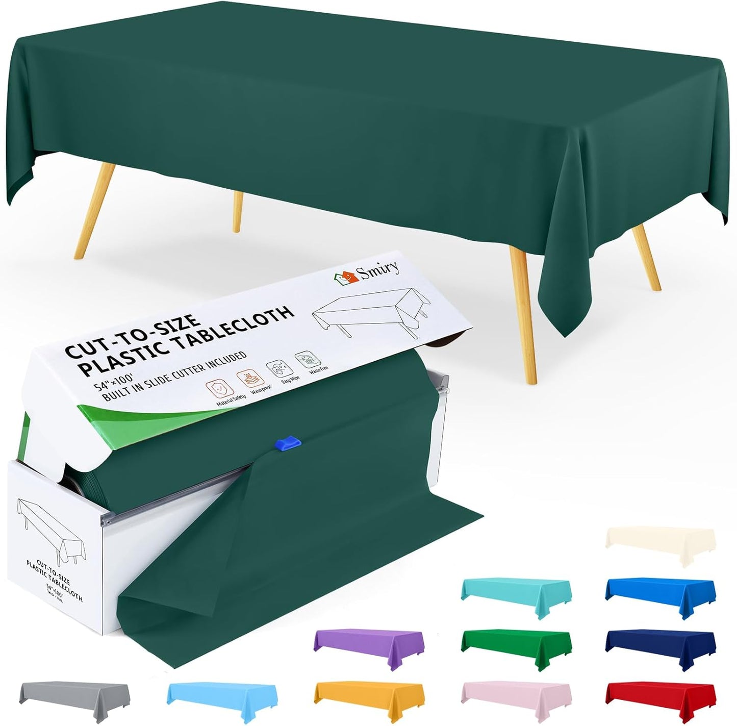Smiry 54 Inch x 100 Feet Disposable Table Cover Roll, Christmas Green Plastic Table Cloth in Cut-to-Size Box with Slide Cutter, Waterproof Rectangle Tablecloths for Weddings, Banquets, Outdoor