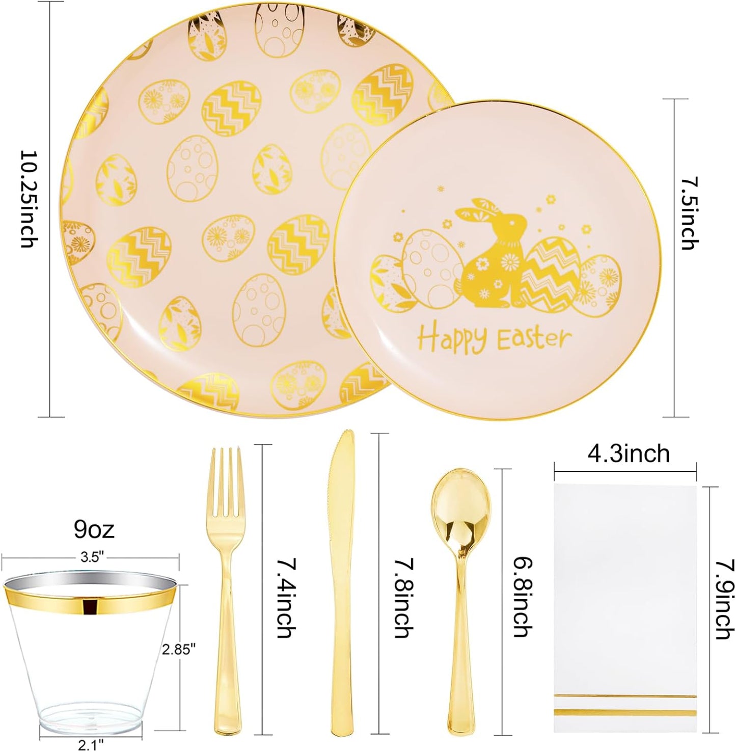 GATHER 175Pcs Easter Plates with Gold Bunny - Pink Plastic Plates Dinnerware Includes 25 Easter Egg Plates and 25 Dessert Plate, 25 Silverware, 25Cups, 25 Napkins, Perfect for Easter Party