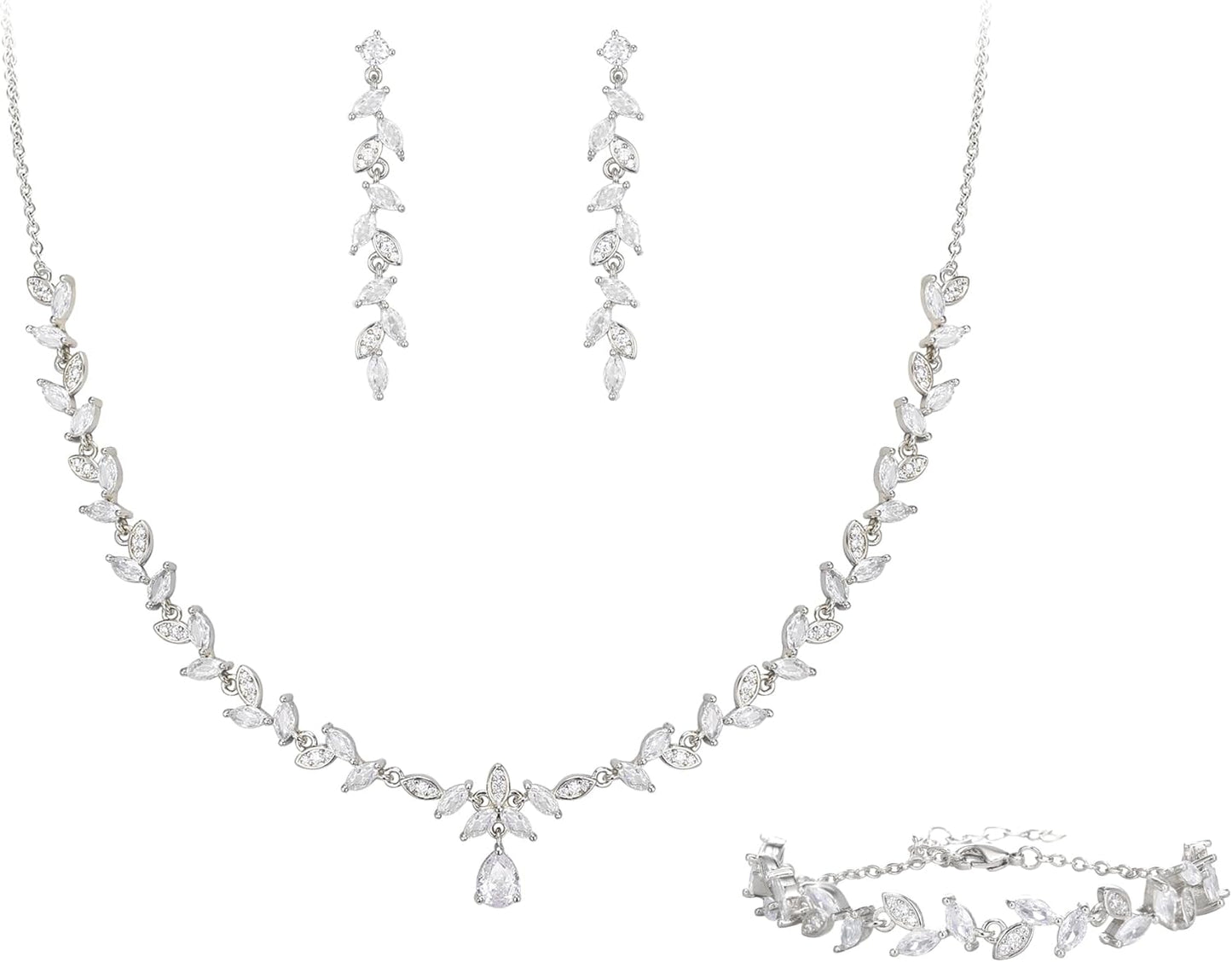 BriLove Wedding Bridal Jewelry for Women Cubic Zirconia Marquise Teardrop Leaf Cluster Y-Necklace Dangle Earrings Link Bracelet Set