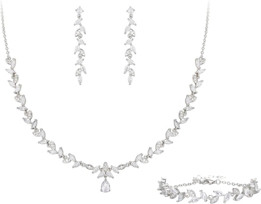 BriLove Wedding Bridal Jewelry for Women Cubic Zirconia Marquise Teardrop Leaf Cluster Y-Necklace Dangle Earrings Link Bracelet Set