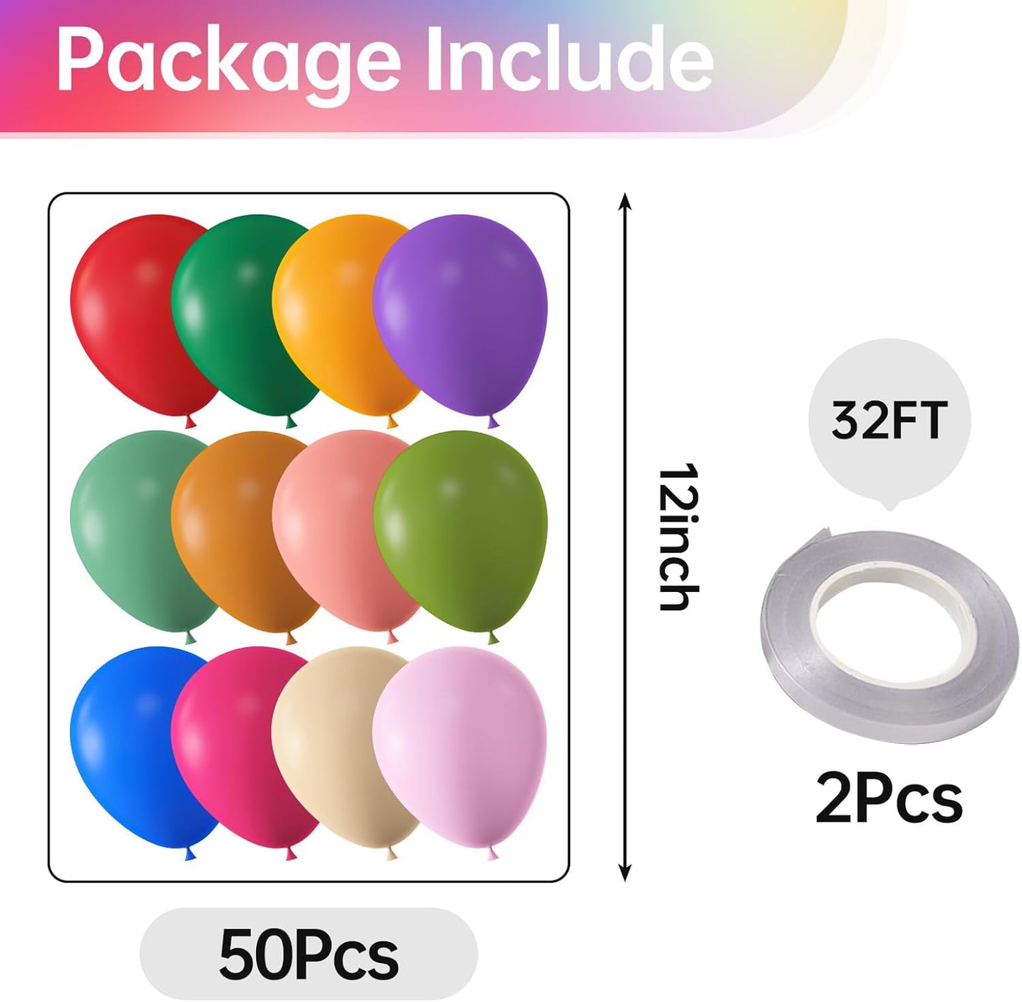 KALOR 12 Inch Rainbow Balloons, 50 Pcs Latex Helium Balloons for Kid's Birthday Party, Baby Shower, Wedding, Graduate Party Decorations