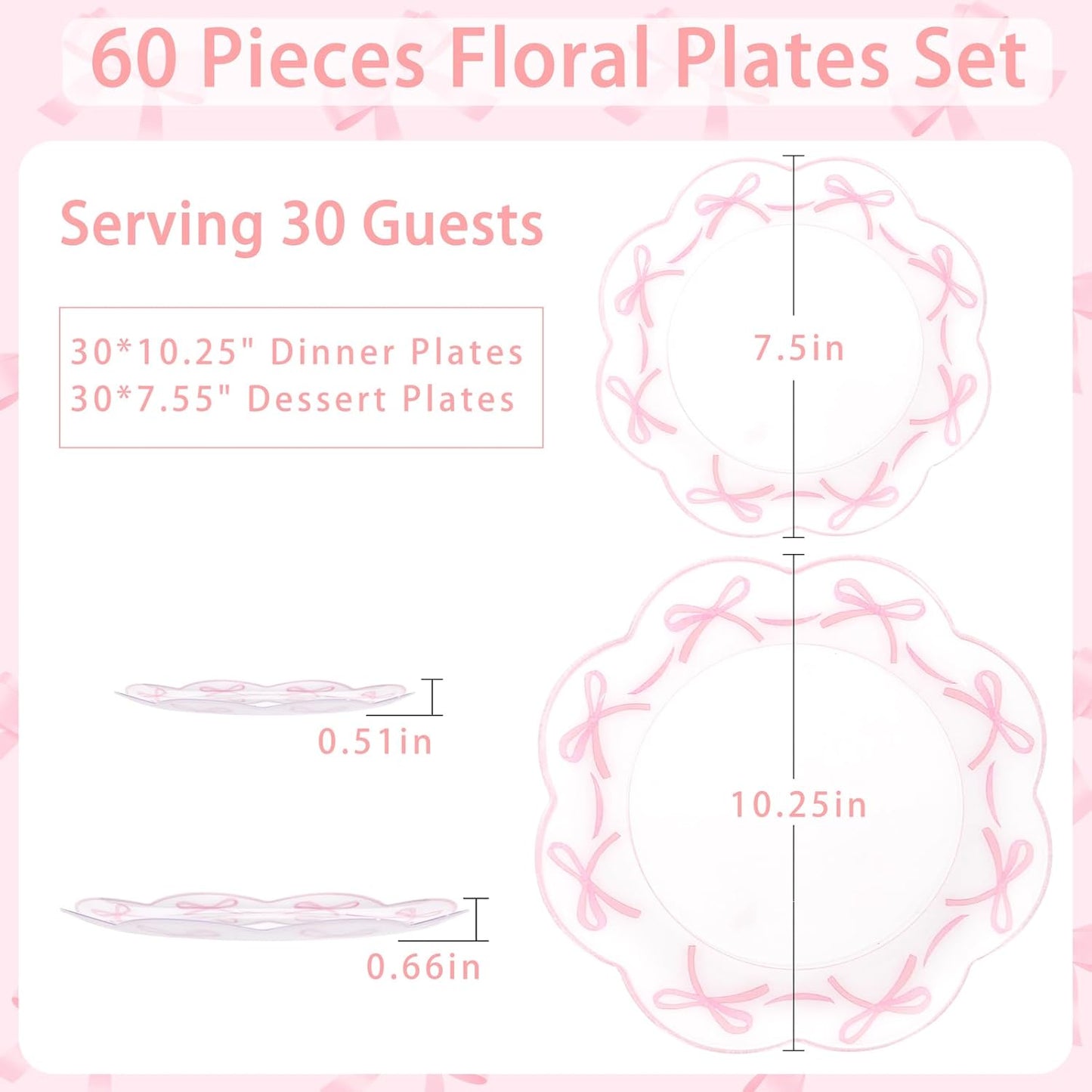LIYH 60 Pcs Pink Plastic Plates for Party Bow Plates - Pink Porcelain Scalloped Plate Disposable Heavyduty for Wedding Bridal Shower Floral Dinnerware Set - 10.25" Dinner & 7.5" Dessert Plate