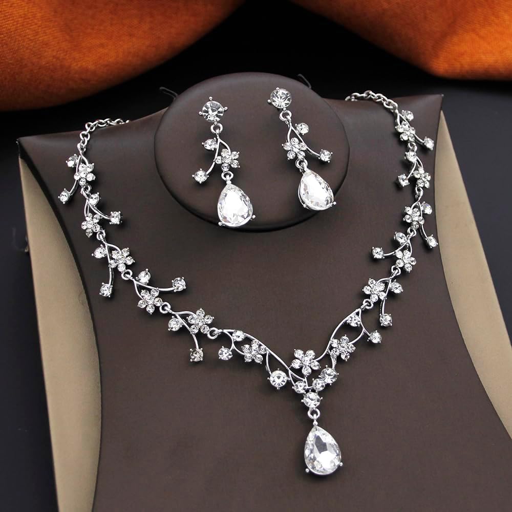 Jewelry Sets for Women Wedding Flower Necklace and Dangle Earrings Gold-Plated Rhinestones Teardrop Pendants Necklace Set for Bridal Party Accessories