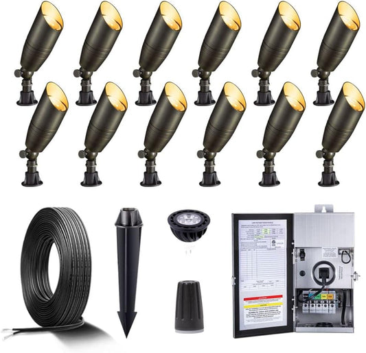 Gardenreet Solid Brass 12V LED Landscape Lighting Kit (12 Pack Spotlights) with 300W Low Voltage Transformer and Mechanical Timer and 250 Feet Wire and 50Pack Connectors for Outdoor Garden Patio