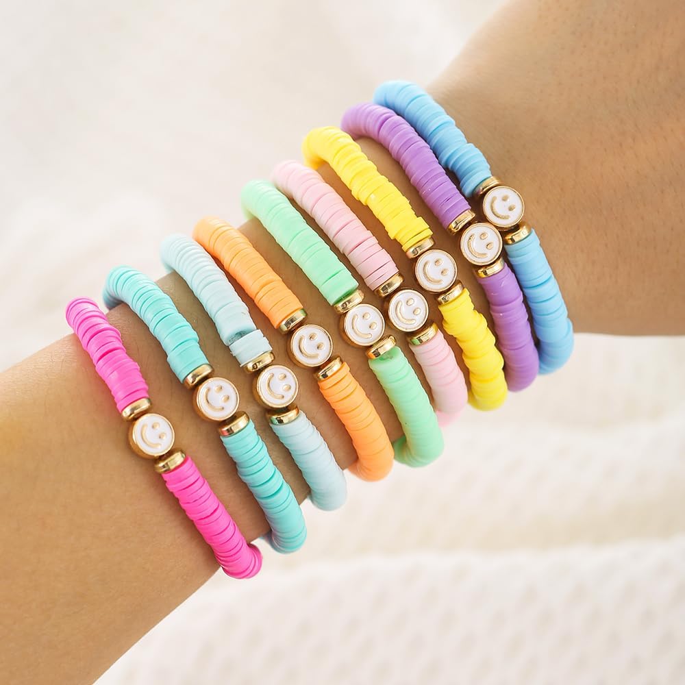 Friendship Bracelets for Women - Heishi Surfer Colorful Smile Evil Eye Clay Beaded Stretch Bracelets Elastic Layering - Stackable Boho Disc Y2K Aesthetic Summer Jewelry Set.