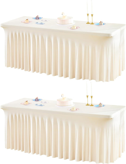 2 Packs Ivory Table Clothes for 4 Foot Rectangle Tables, One-Piece Wrinkle Resistant Stretch Spandex Table Covers with Skirt for Event Banquet Wedding Birthday Party