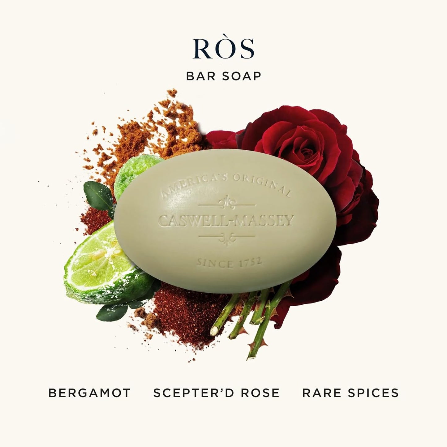 Caswell-Massey RÒS Natural Bar Soap for Men, Moisturizing Body Soap Bar for All Skin Types, Made with Essential Oils & Plant-Based Formula for Soft Skin, Made in USA, 5.8 oz