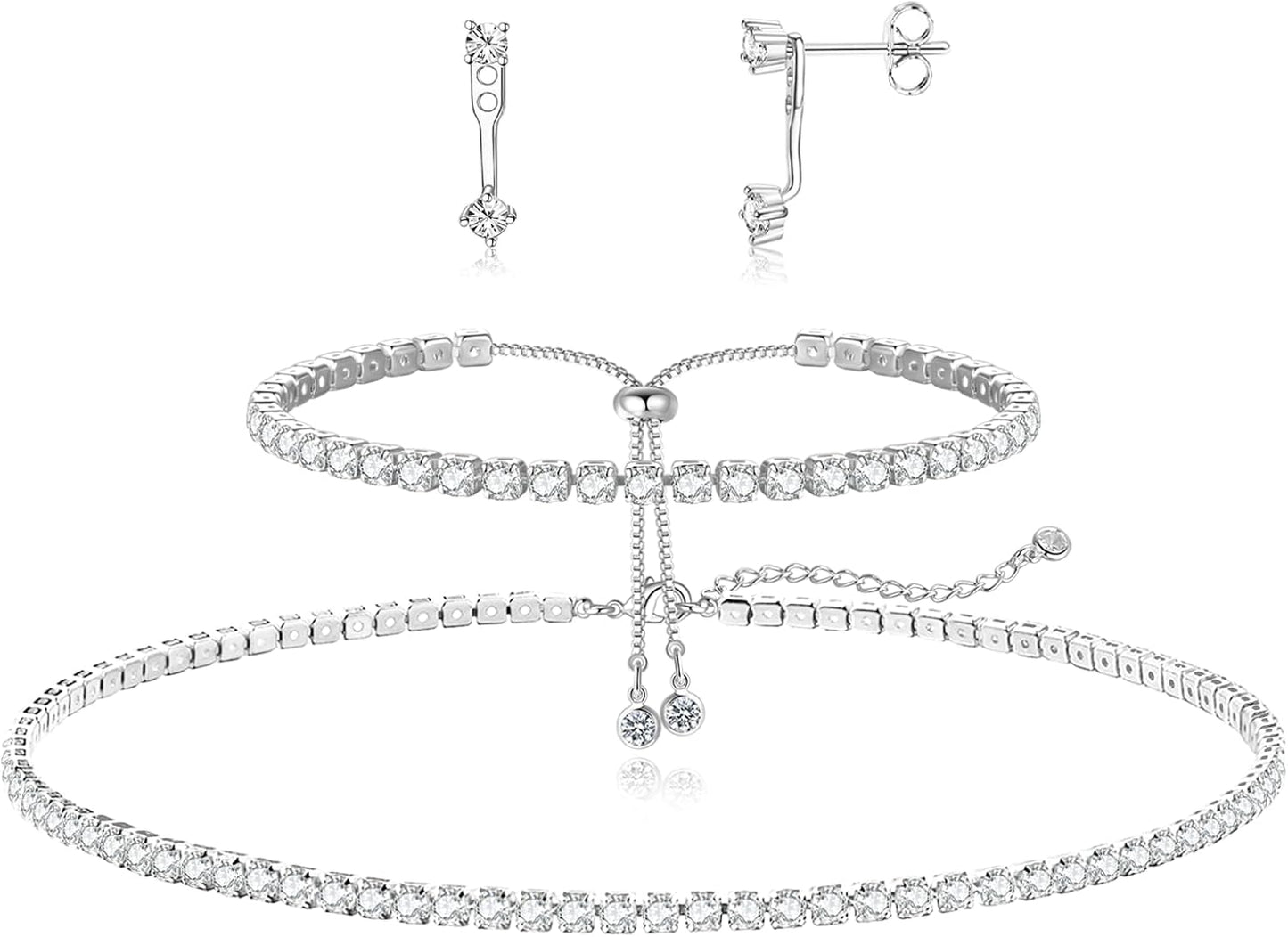 Luxval Tennis Necklace Set for Women Tennis Bracelets Diamond Earrings Sterling Silver Necklace Wedding Jewelry for Bride Silver Jewelry Sets for Women Gift