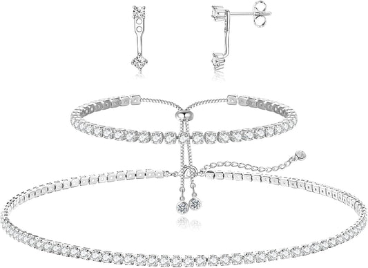 Luxval Tennis Necklace Set for Women Tennis Bracelets Diamond Earrings Sterling Silver Necklace Wedding Jewelry for Bride Silver Jewelry Sets for Women Gift