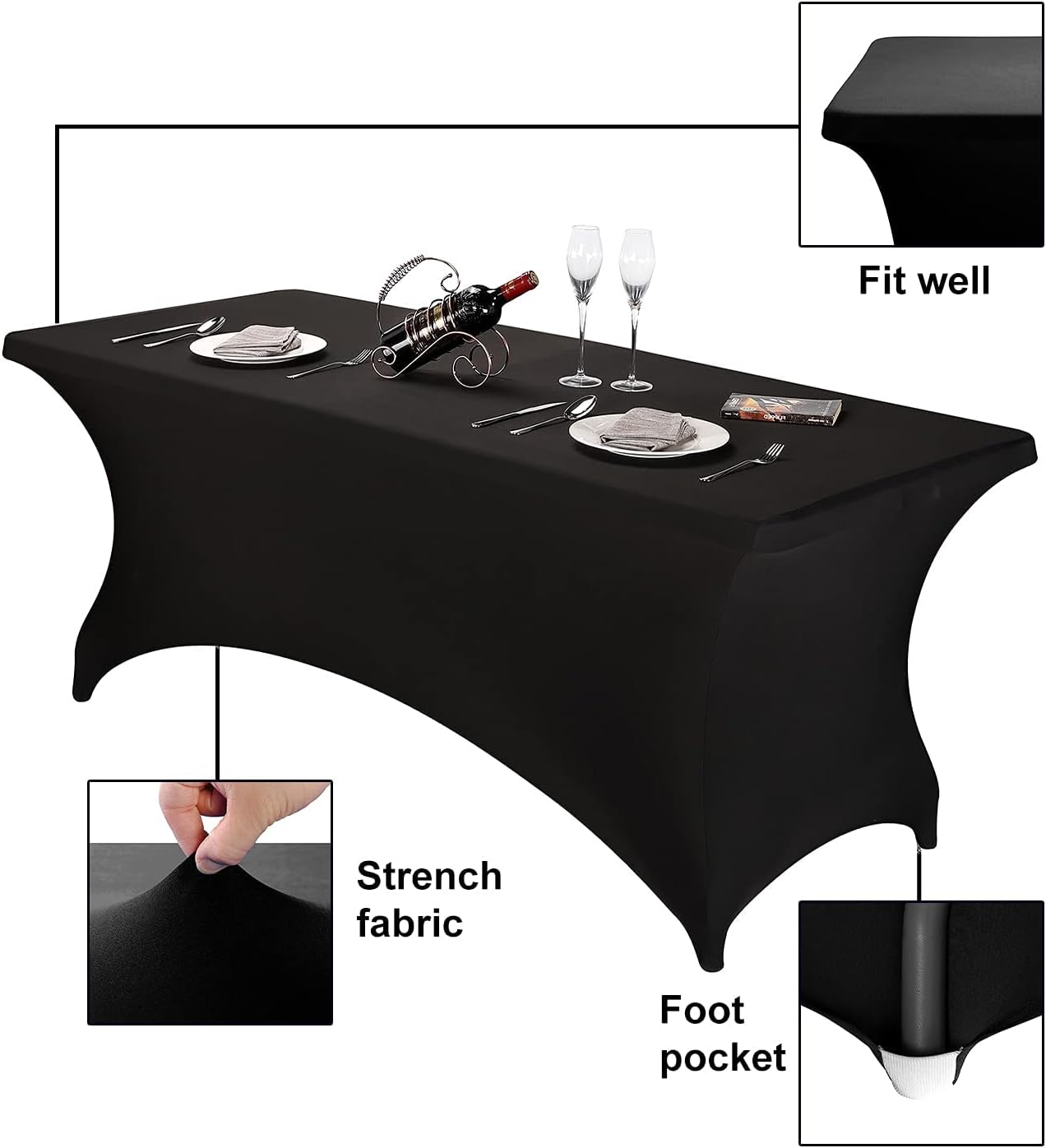 FORLIFE 4Pack Spandex Table Covers，Fitted Tablecloth for Rectangular Tables, Stretch Patio Table Covers, Universal Spandex Table Cover for Wedding, Banquet, Party (6ft, Black)