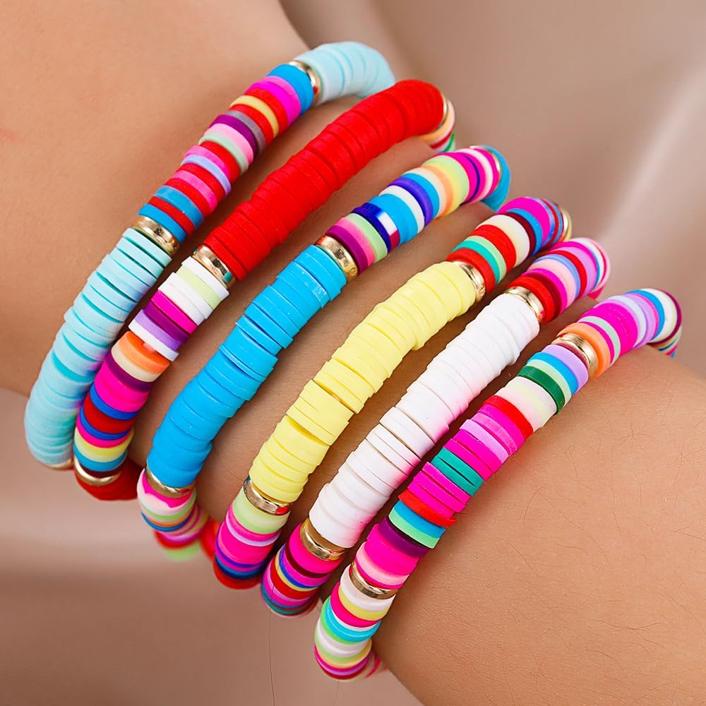 Friendship Bracelets for Women - Heishi Surfer Colorful Smile Evil Eye Clay Beaded Stretch Bracelets Elastic Layering - Stackable Boho Disc Y2K Aesthetic Summer Jewelry Set.