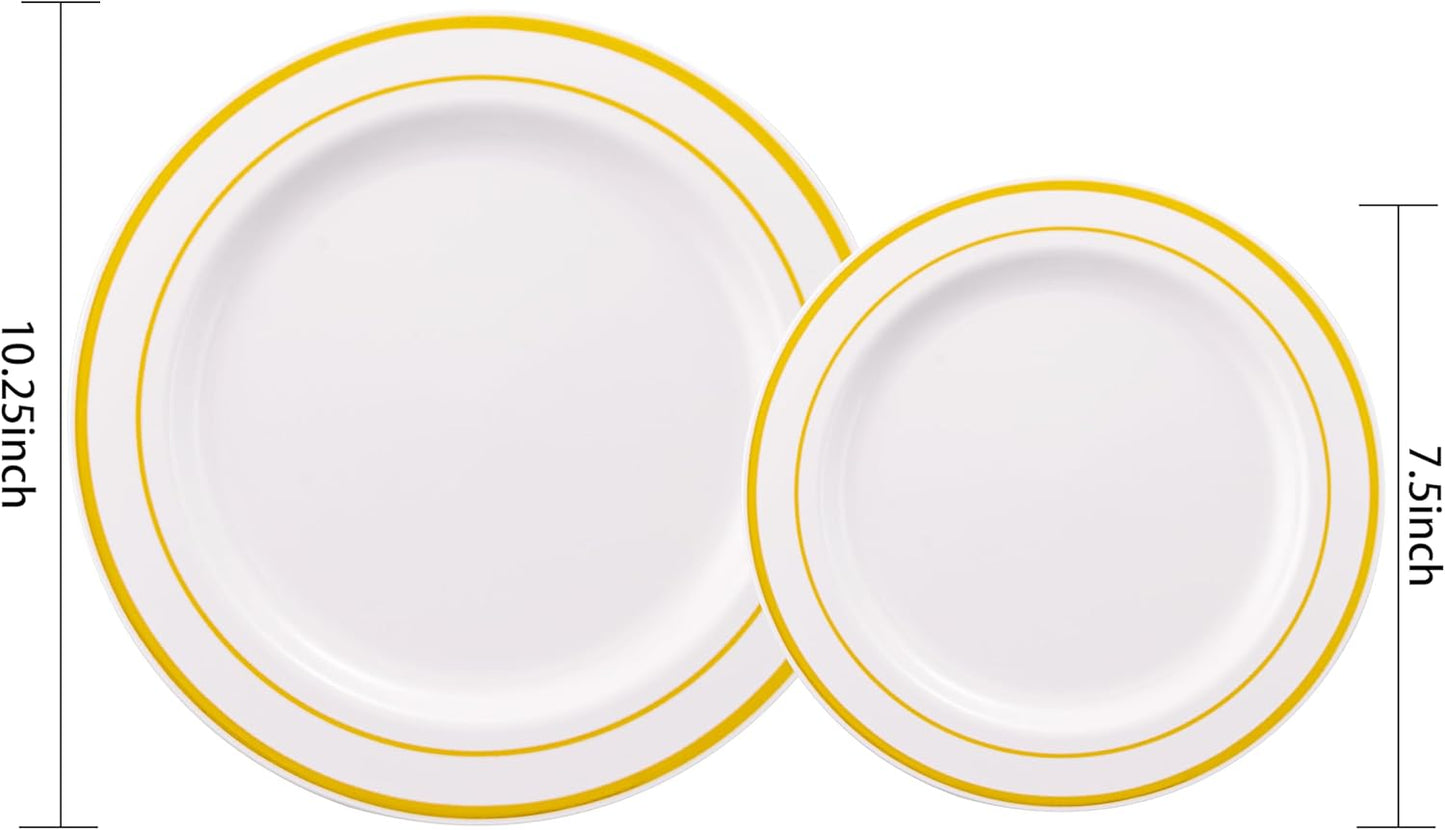 I00000 102 Pieces Gold Plastic Plates, Disposable Party Plates White Gold Rim, 51 Disposable Gold Dinner Plates 10.25 Inch and 51 Disposable Dessert Appetizer Elegant Fancy Wedding Plates 7.5 Inch