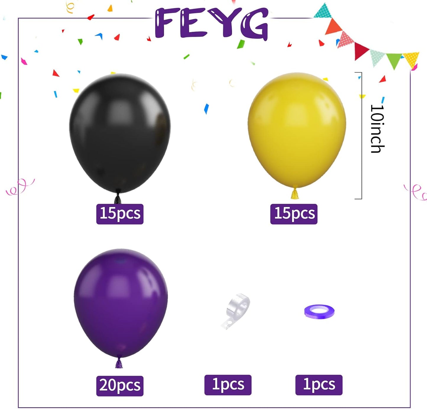 Purple, Black, Yellow 50PCS Latex Balloons for Birthday, Wedding, Baby Shower, Engagement, DIY Hula Hoop Arch Decoration