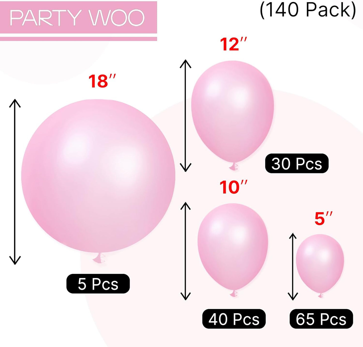 PartyWoo Pearl Pink Balloons 140pcs Different Sizes of 18 12 10 5 Inch Light Pastel Baby Pink Balloon Arch Kit Garland for Girl Baby Shower Princess Gender Reveal Birthday Party Decorations Pink-Z44