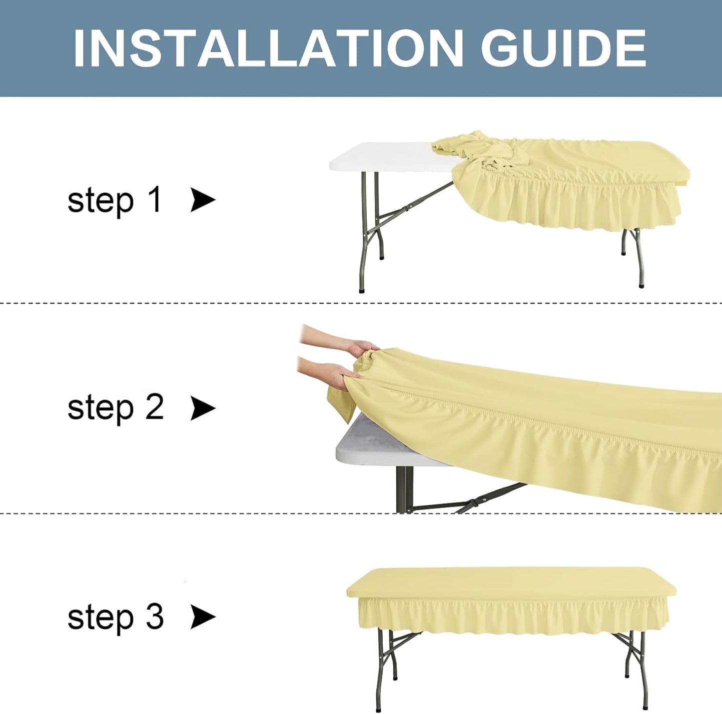 6ft Faint Yellow Stretch Tablecloth for Rectangular Tables - Flared Wrap Design, Waterproof, Wrinkle-Resistant, Washable - Ideal for Weddings, Parties, Banquets & Table Protection