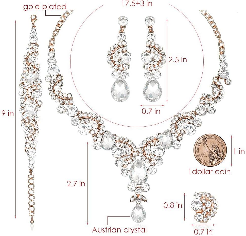 CSY Elegant Crystal Necklace Earrings Bracelet Ring Bridal Wedding Party Costume Jewelry Sets for Brides Women