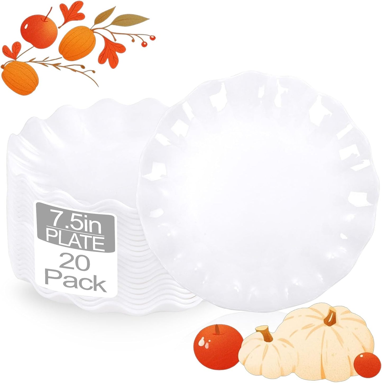 LIYH 20 Pcs 7.5 Inch White Scalloped Plastic Dessert Plates Reusable - Unbreakable Plastic Plates for Weddings Party Outdoor Picnics Dishwasher Safe BPA Free