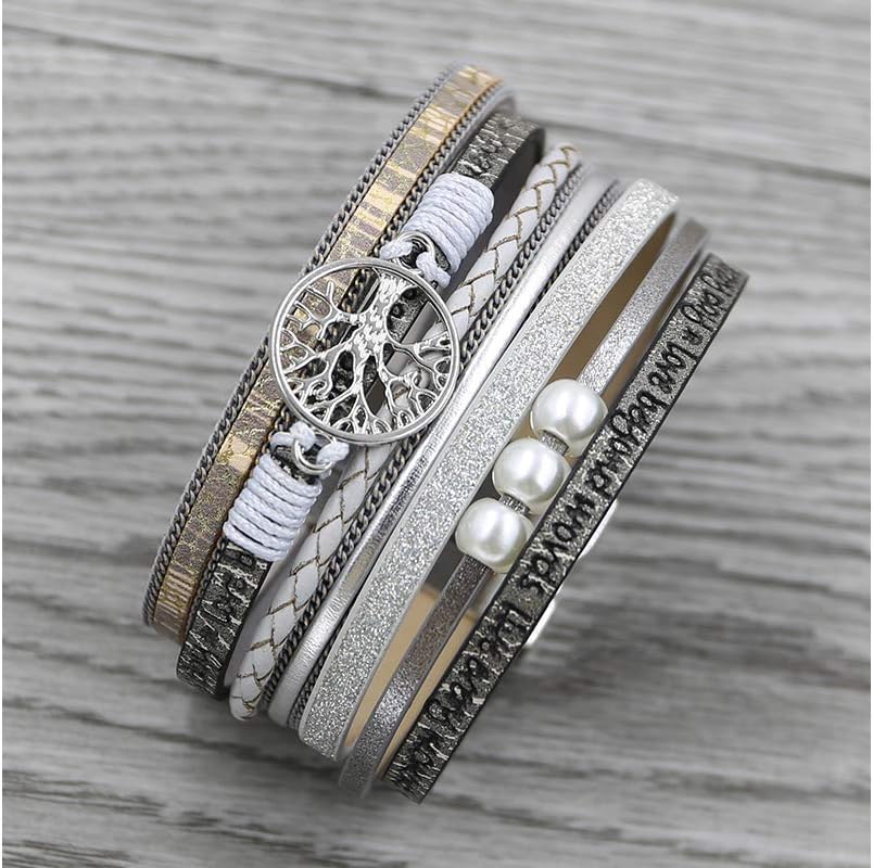 Fesciory Leopard Bracelet for Women, Boho Leather Wrap Multi-Layer Pearl Crystal Bracelet Bangle Jewelry