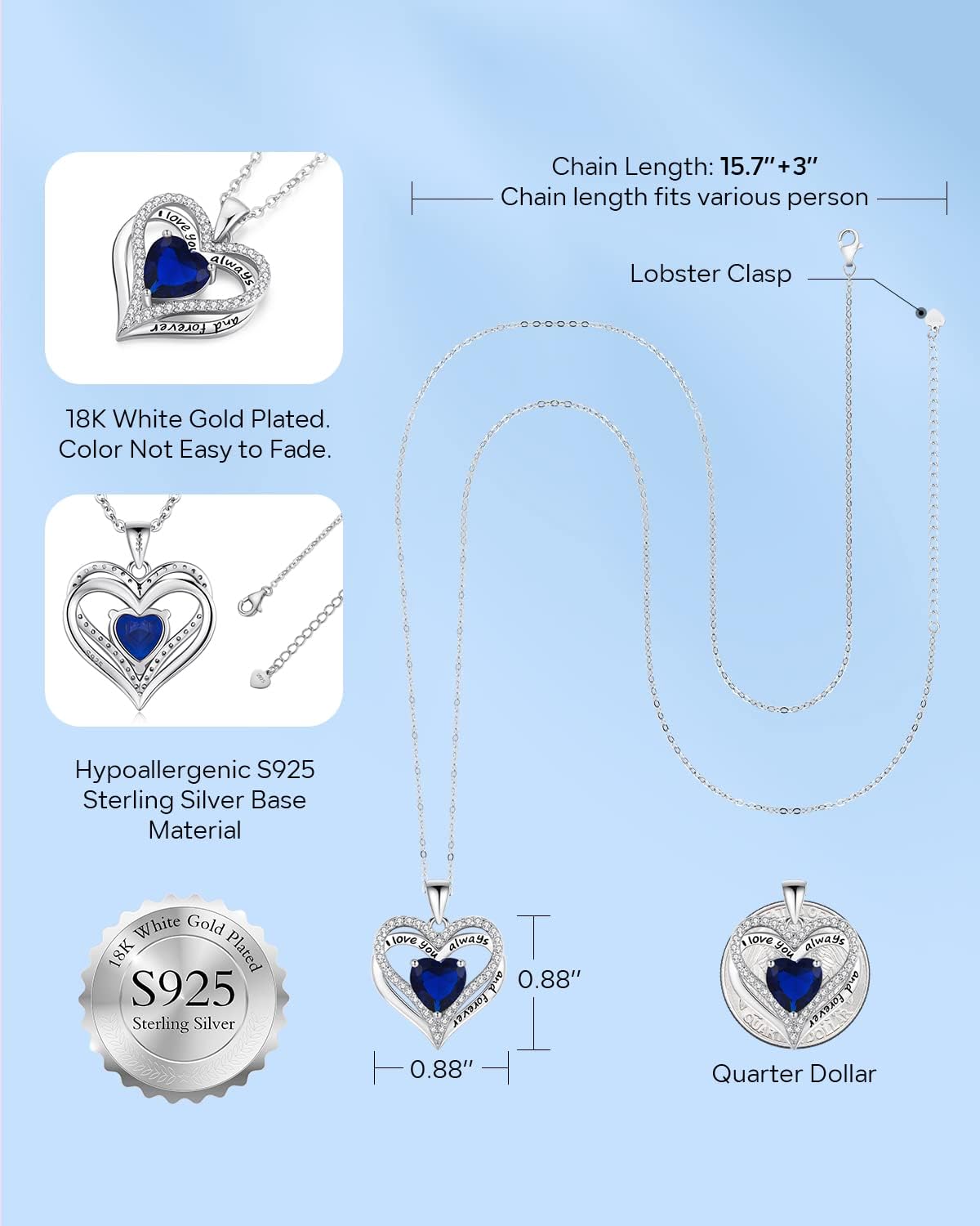 S925 Sterling Silver Necklace for Women, Wife Jewelry Rose Gold, Mom Birthday Valentines Mothers Day Gifts, Girlfriend Necklaces, Daughter Heart Jewel, Anniversary for Her