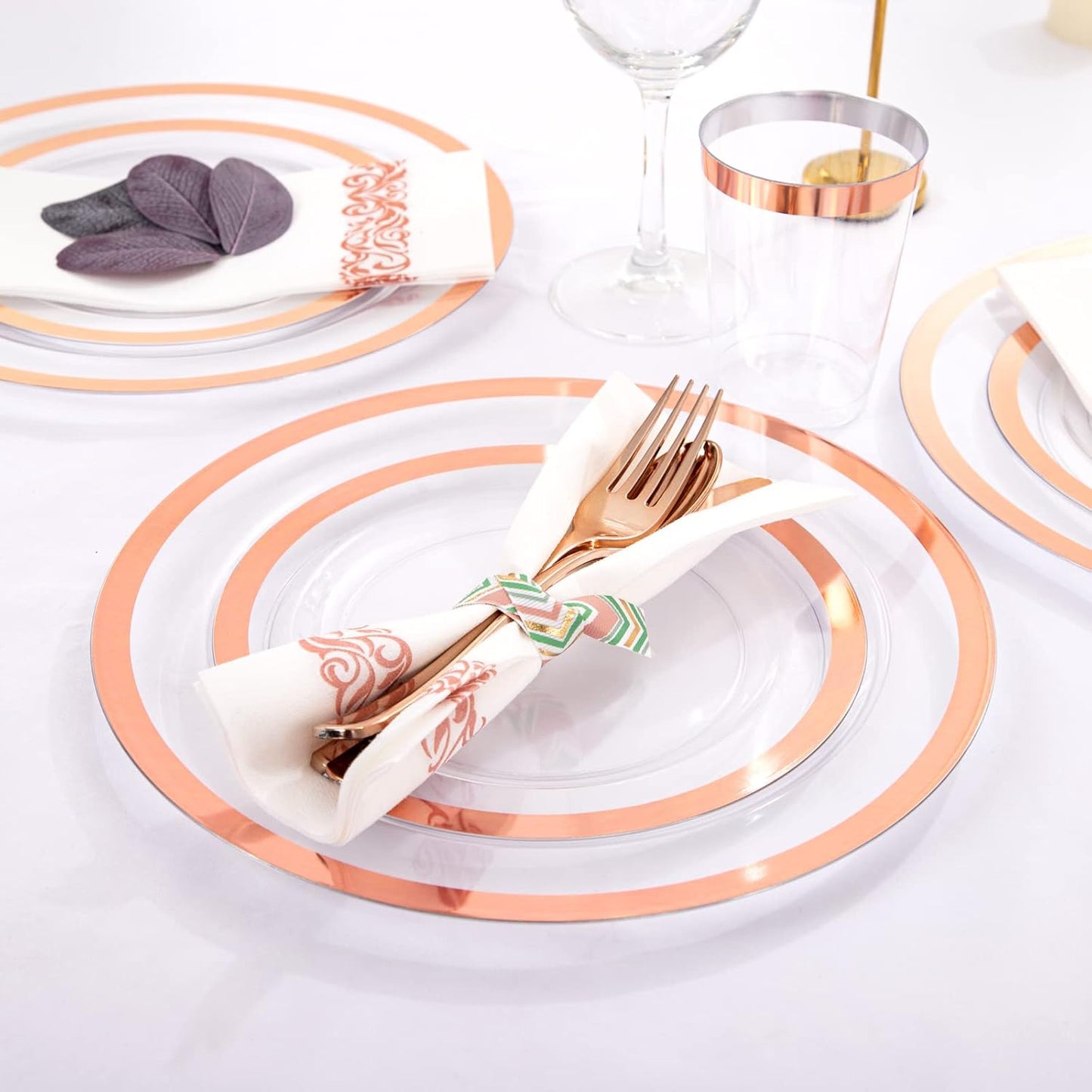 YOUBET 175PCS Rose Gold Plastic Plates - Clear Plastic Plates Disposable with Rose Gold Rim includes 50 Rose gold plates, 25Forks, 25Knives, 25Spoons, 25Cups, 25Napkins for Party & Wedding