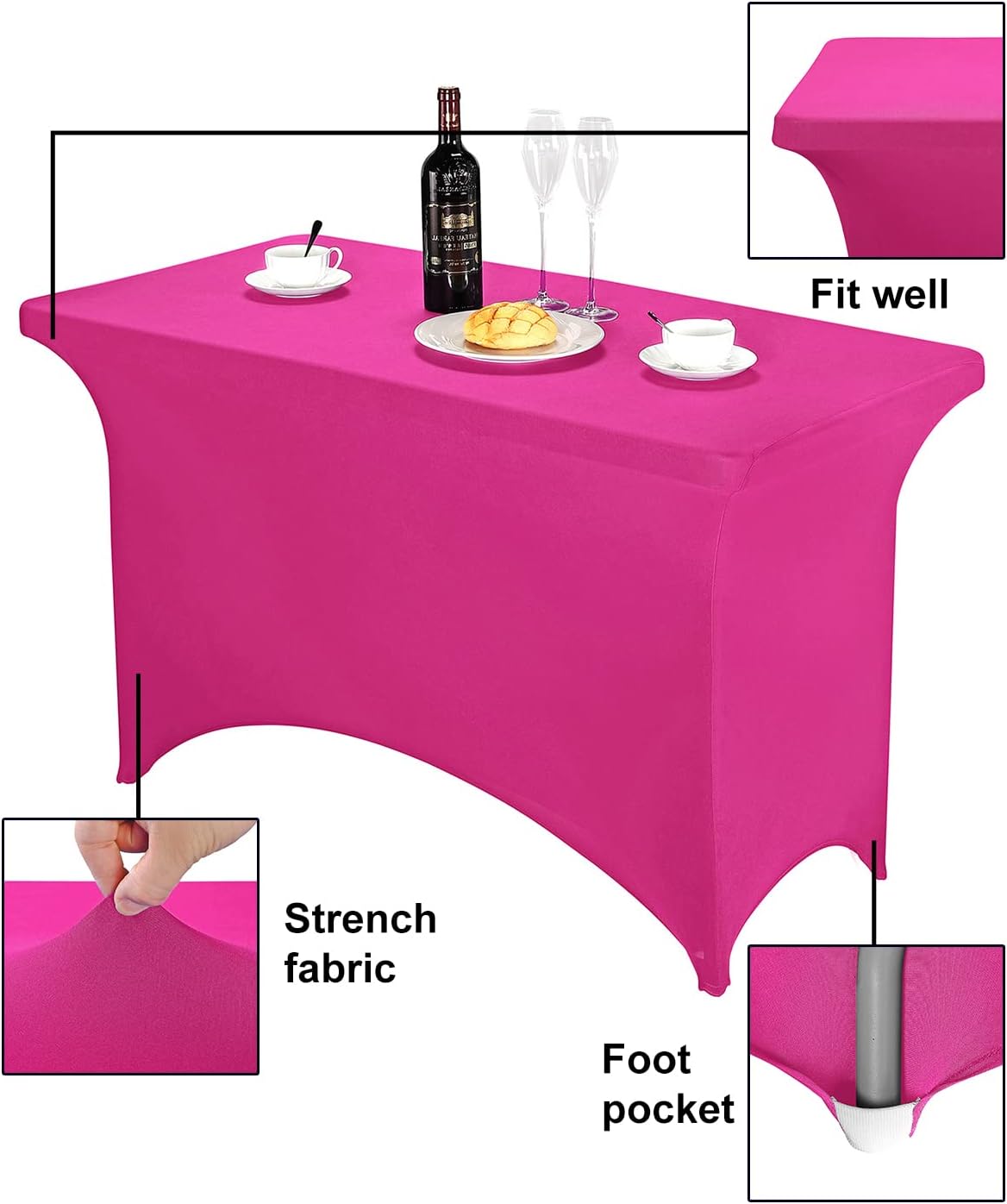 FORLIFE Spandex Table Cover - Fitted 4ft Rectangular Tablecloth for Weddings & Banquets, Stretch Patio Cover (Fuchsia)