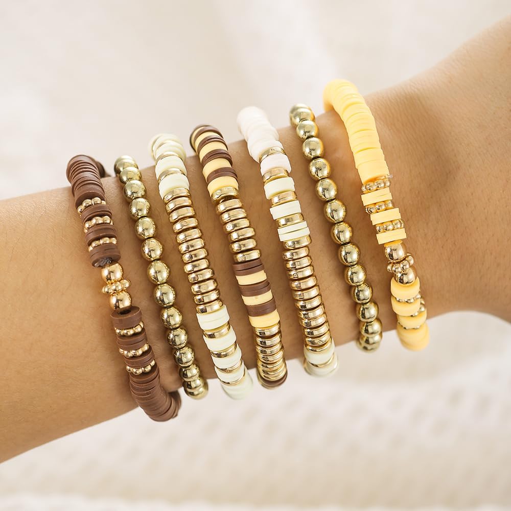 Friendship Bracelets for Women - Heishi Surfer Colorful Smile Evil Eye Clay Beaded Stretch Bracelets Elastic Layering - Stackable Boho Disc Y2K Aesthetic Summer Jewelry Set.