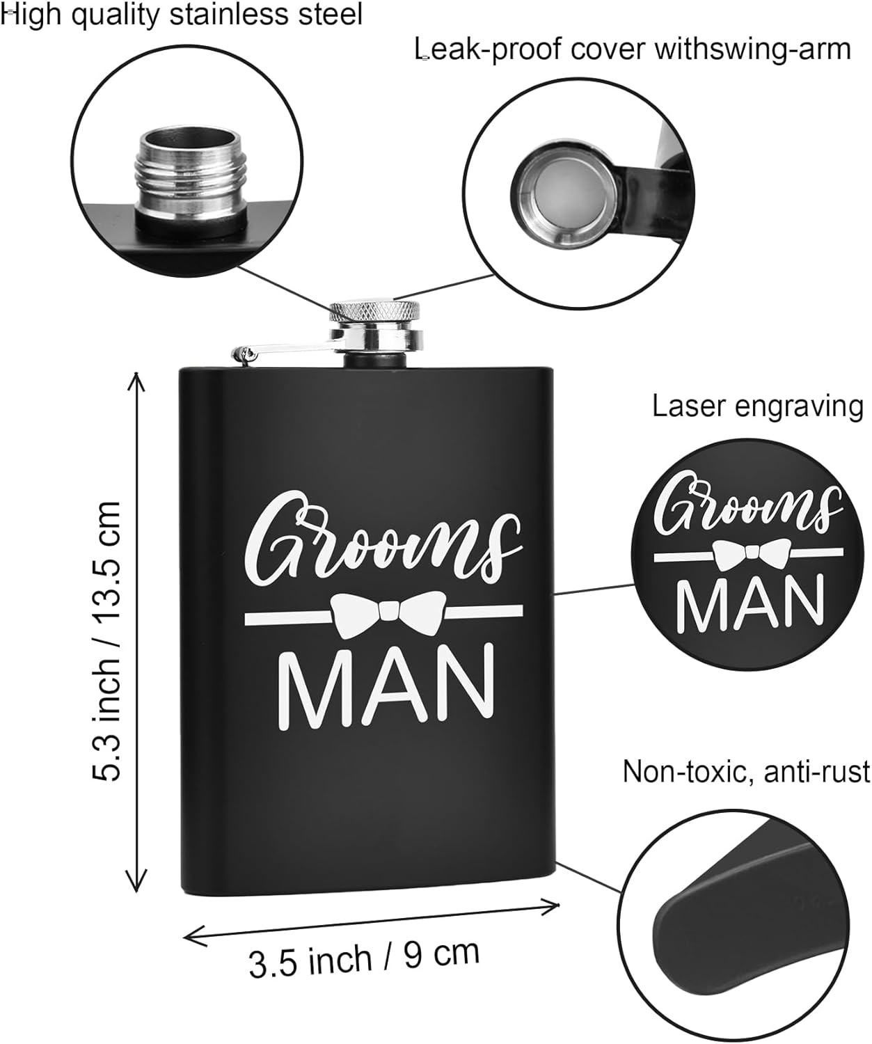 ELEGANTPARK Engraved Groomsman Flasks Set of 6 Best Man Groomsmen Proposal Gifts Wedding Bachelor Party Favor Stainless Steel Hip Flask for Liquor with Funnel for Men 8 OZ Black ﻿