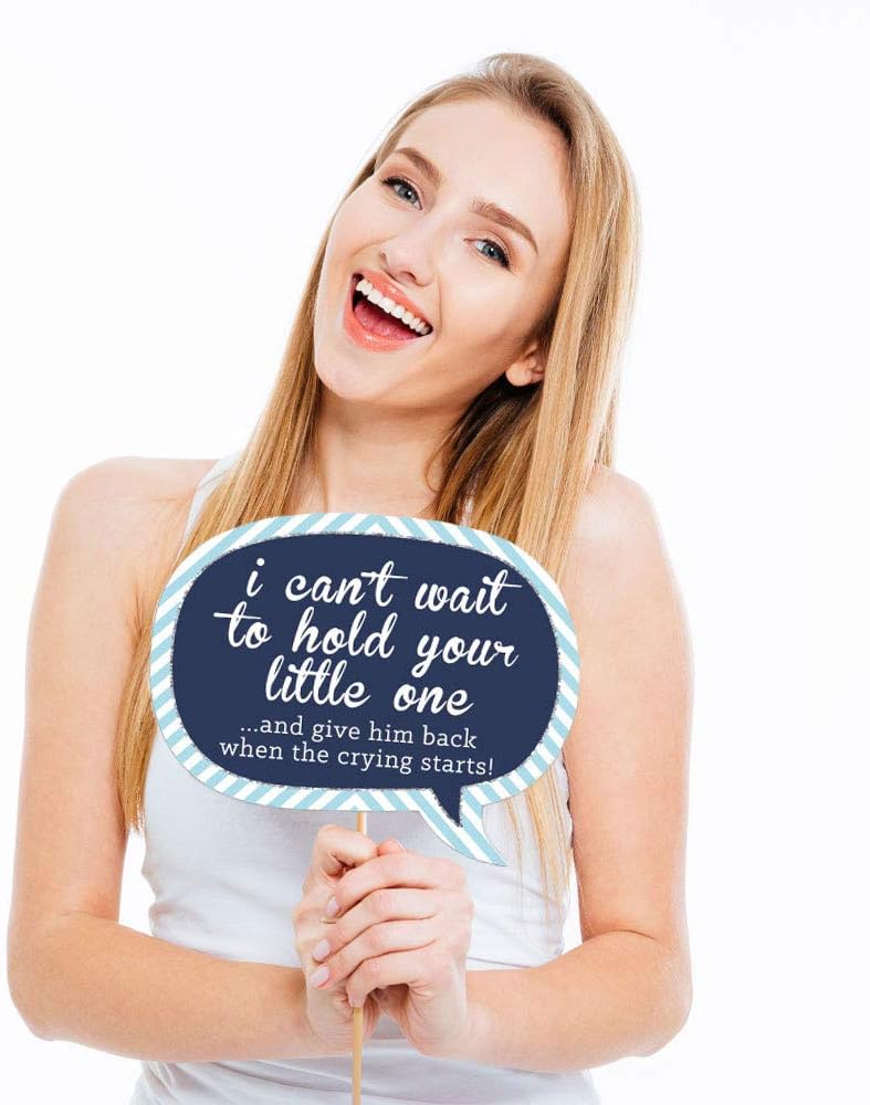 Big Dot of Happiness Funny Blue and Silver - Hello Little One - Boy Baby Shower Photo Booth Props Kit - 10 Piece