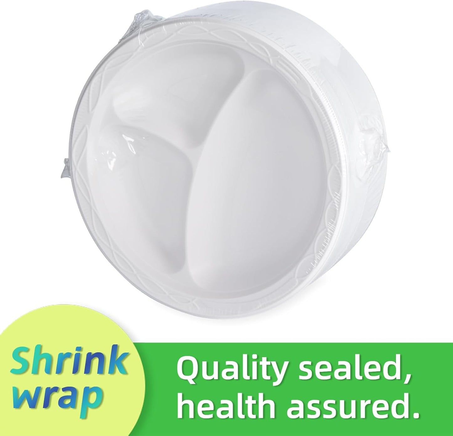 Party Plates Mineral Filled PP Plastic 9" - 150 Pack Shrink Wrap BPA Free Dinner Tray | Dishwasher & Microwave Safe | 3 Compartment Heavy Duty White Reusable & Disposable Plate for Catering