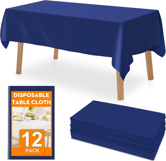 12 Pack Blue Plastic Table Cloths Disposable, 54 x 108 Inches Plastic Table Cover for Rectangle Tables, Disposable Tablecloth for Dinning, Parties, BBQ, Wedding, Outdoor