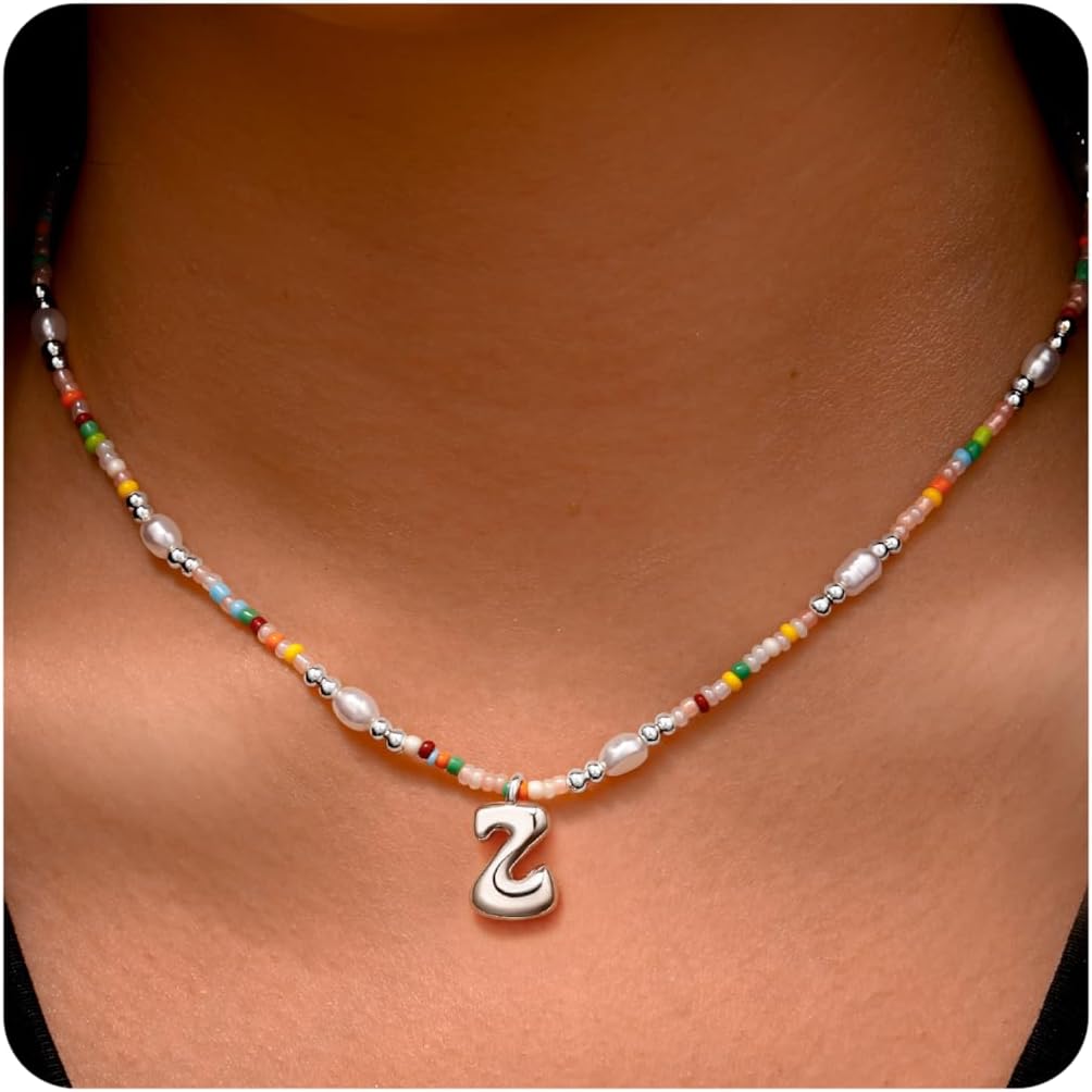 Ritach Initial Necklaces for Women Girls - Christmas Gifts for Grandkids Light Colorful Beaded Pearl Initial Necklace Gold/Silver Bubble Pendant Letter Necklace Stocking Stuffers for Teen Girls Women