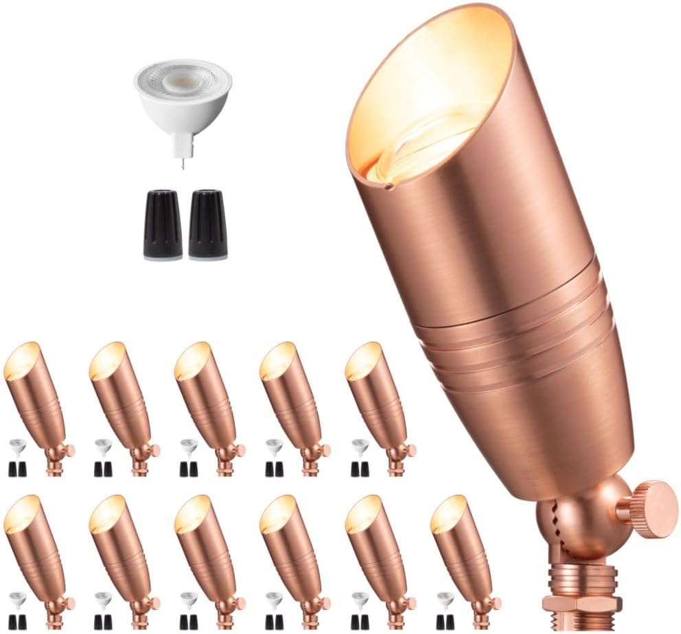 Gardenreet Die-Cast Brass Spot Light Outdoor - 12V LED Uplighting Waterproof, Low Voltage Landscape Lights Direct Wire, Copper for Fence Fountain with Bright White MR16 Replaceable Bulbs (12 Pack)