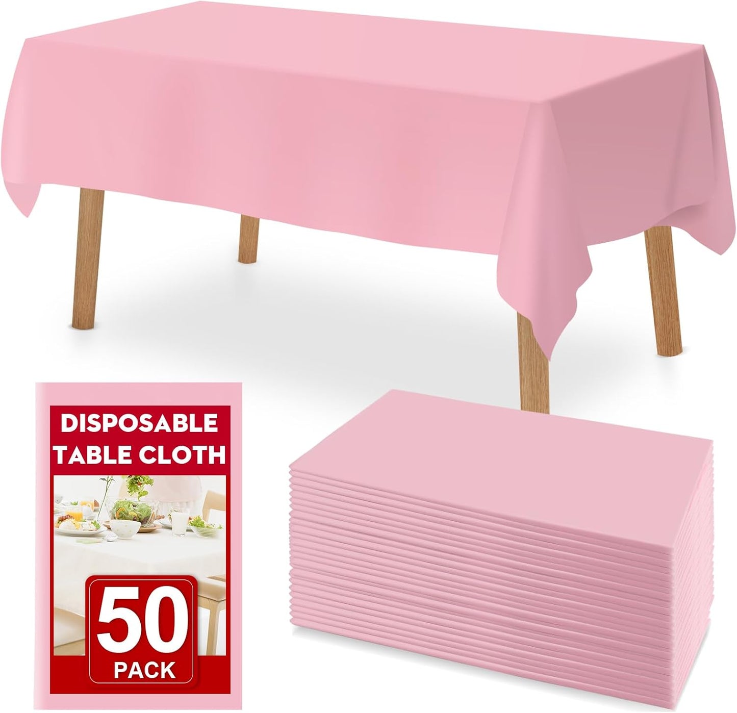 50 Pack Pink Plastic Table Cloths Disposable, 54 x 108 Inches Plastic Table Cover for Rectangle Tables, Disposable Tablecloth for Dinning, Parties, BBQ, Wedding, Outdoor