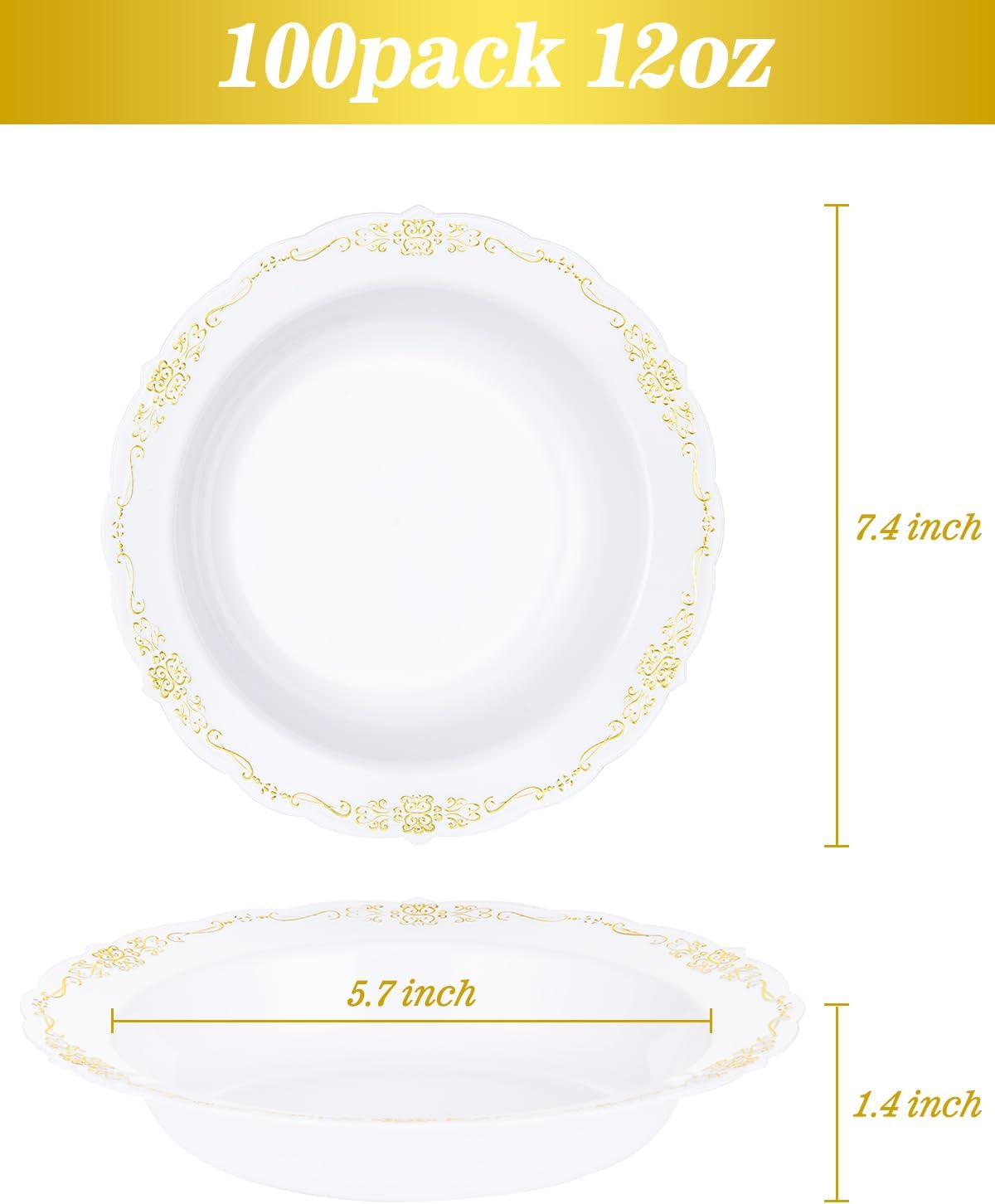 100 Pack White Plastic Bowls with Gold Rim, 12oz Disposable Soup Bowl, Heavy Duty Dinner Bowls for Party, Weddings, Dinners, Catering and Everyday Use
