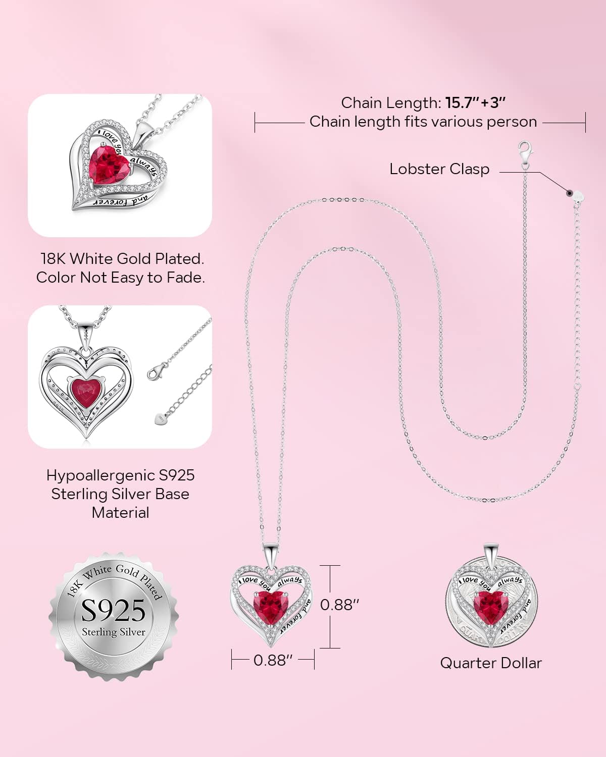 S925 Sterling Silver Necklace for Women, Wife Jewelry Rose Gold, Mom Birthday Valentines Mothers Day Gifts, Girlfriend Necklaces, Daughter Heart Jewel, Anniversary for Her