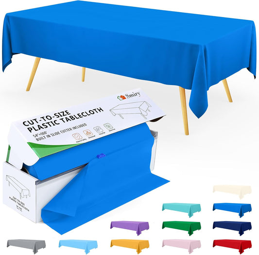 Smiry 54 Inch x 100 Feet Disposable Table Cover Roll, Blue Plastic Table Cloth in Cut-to-Size Box with Slide Cutter, Waterproof Rectangle Tablecloths for Weddings, Banquets, Outdoor