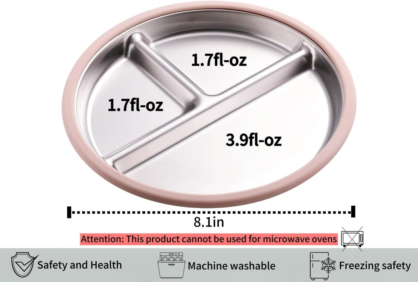 3Pack Stainless Steel Kids Plates, 8.1" Divided Kids Plate with Removable Silicone Suction Sleeves for Baby Highchairs, Non Toxic BPA Free Non-Slip Unbreakable Snack Lunch Plates