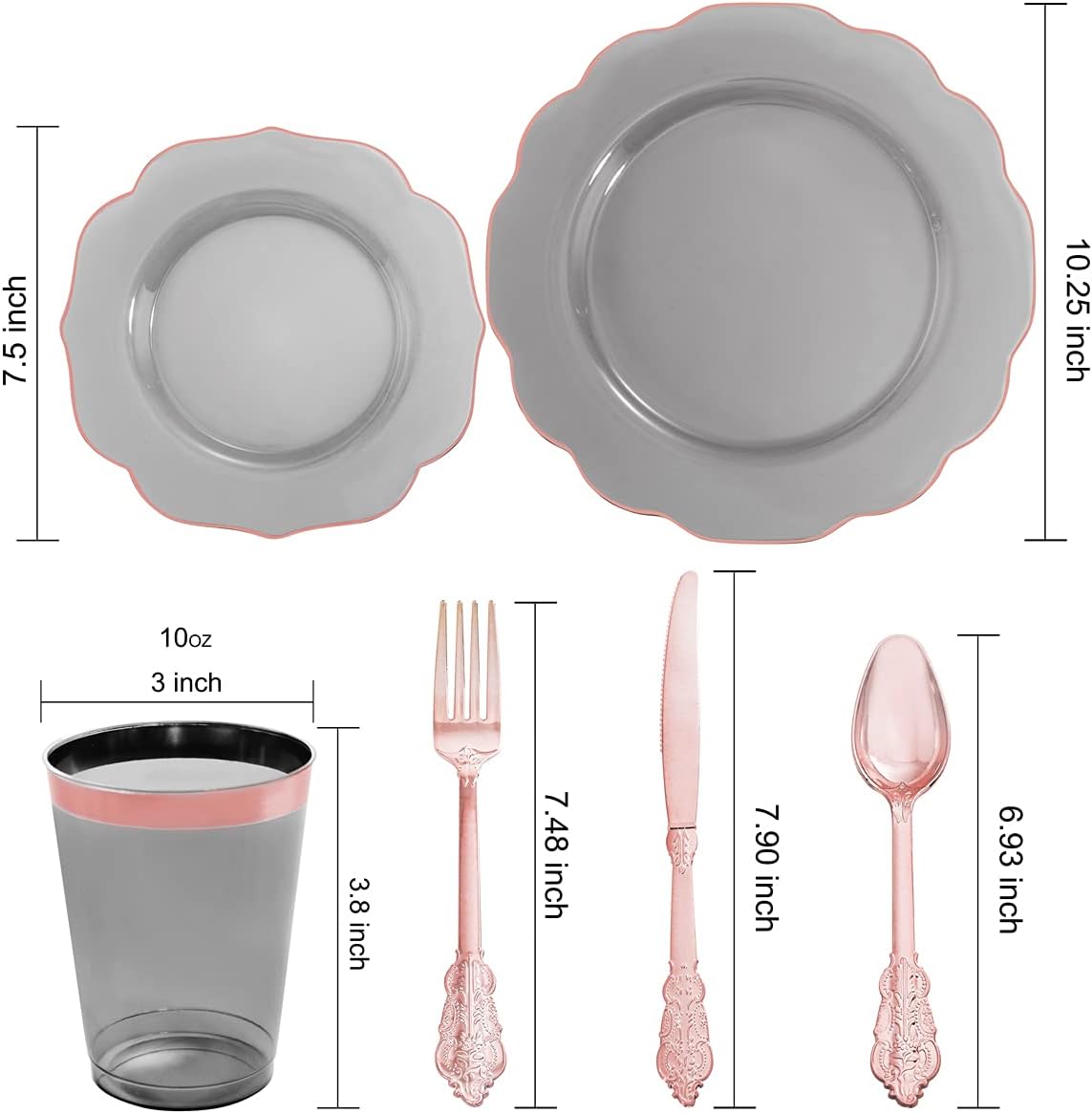 BUCLA 30Guests Clear Black Plastic Plates With Rose Gold Silverware & Cups - Rose Gold Rim Plastic Dinnerware Ideal for Party, Halloween & New Year