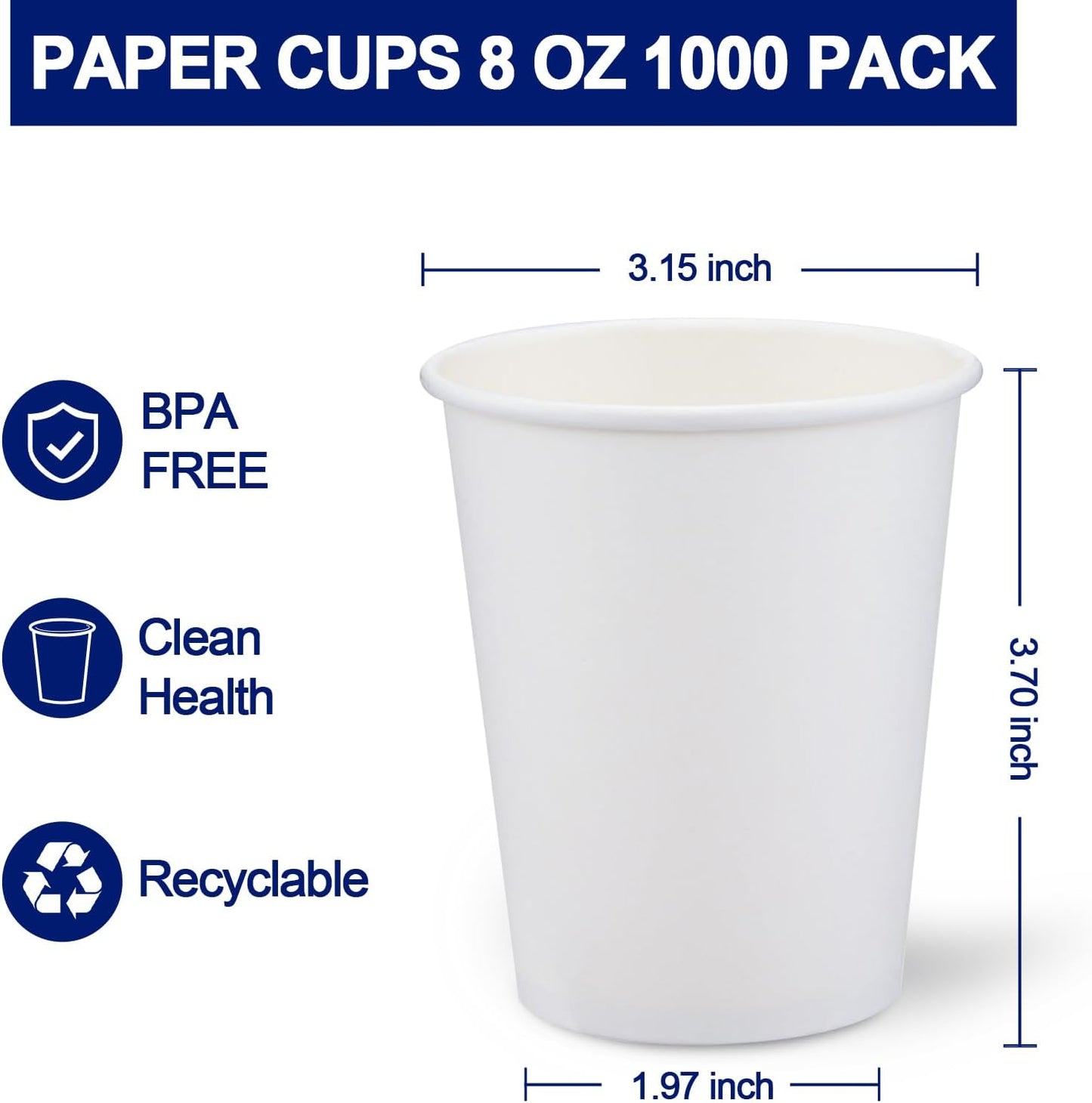 1000 Count Paper Cups 8 oz, Disposable Coffee Cups Bulk, Thickened Durable Drinking Cups for Hot or Cold Beverage, Home, Office, Party, Business, Events