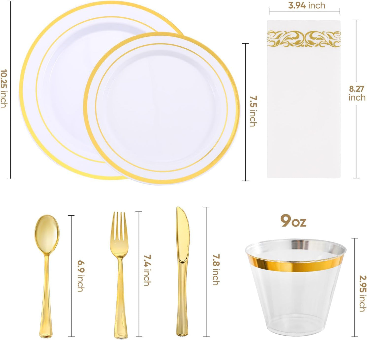 700-Piece Gold Rim Plastic Dinnerware Set for 100 Guests, Elegant Disposable Dinnerware for Party, Wedding. Includes Dinner Plates, Dessert Plates, Gold Silverware, Napkins, Cups